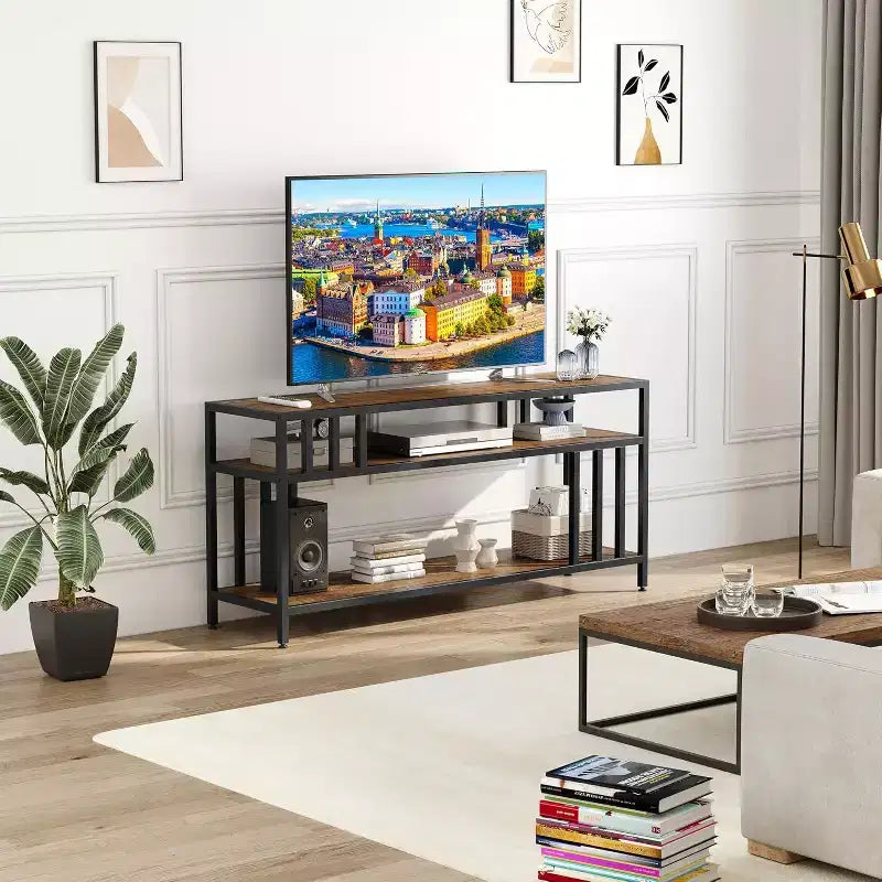 Meuble TV 65" pour téléviseurs jusqu'à 75", meuble de divertissement gris avec étagères de rangement ouvertes et support quadruple-tube