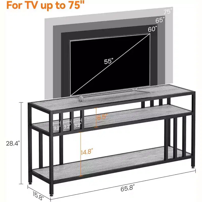 Meuble TV 65" pour téléviseurs jusqu'à 75", meuble de divertissement gris avec étagères de rangement ouvertes et support quadruple-tube