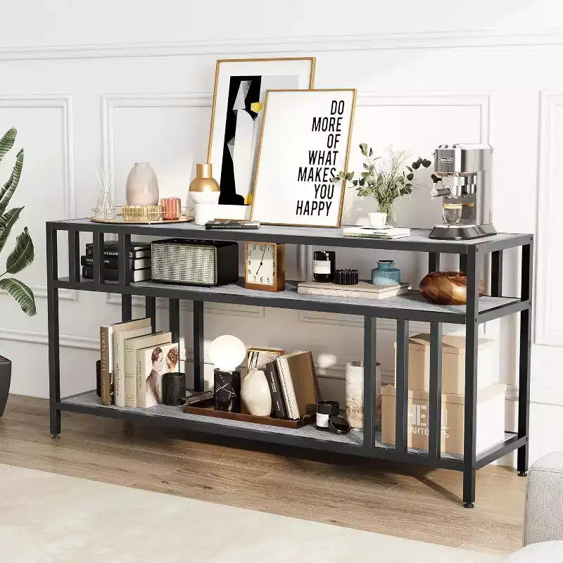 Meuble TV 65" pour téléviseurs jusqu'à 75", meuble de divertissement gris avec étagères de rangement ouvertes et support quadruple-tube
