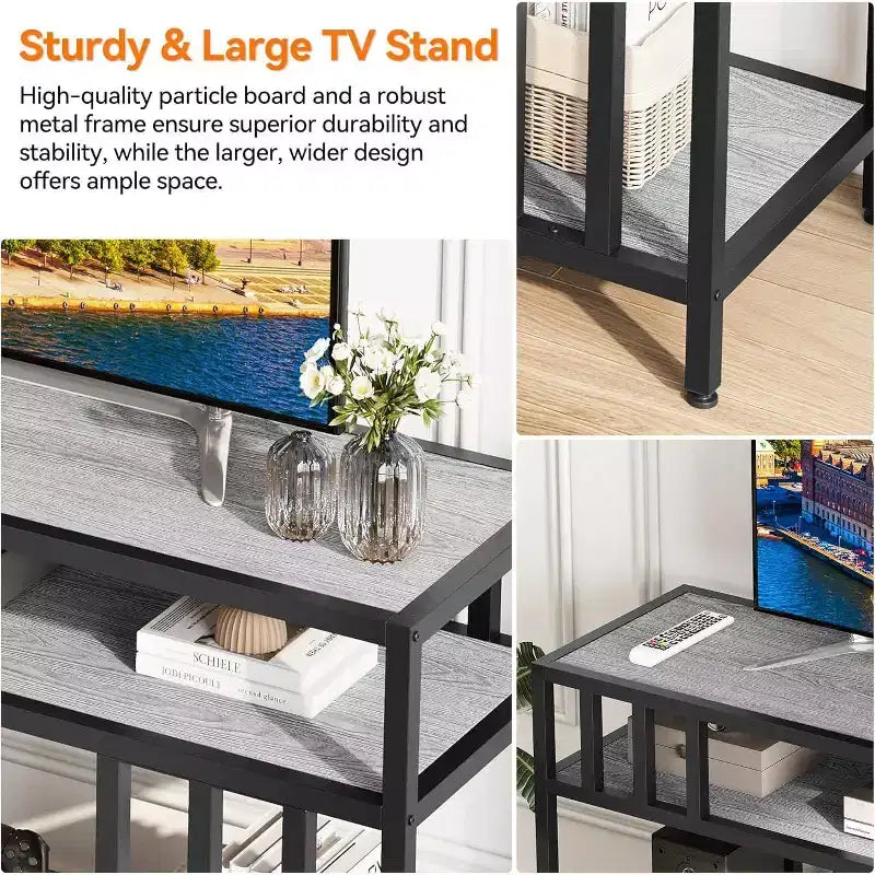 Meuble TV 65" pour téléviseurs jusqu'à 75", meuble de divertissement gris avec étagères de rangement ouvertes et support quadruple-tube