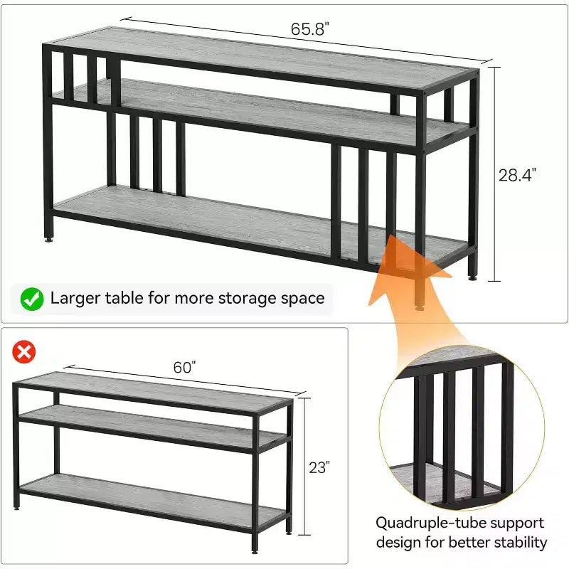 Meuble TV 65" pour téléviseurs jusqu'à 75", meuble de divertissement gris avec étagères de rangement ouvertes et support quadruple-tube