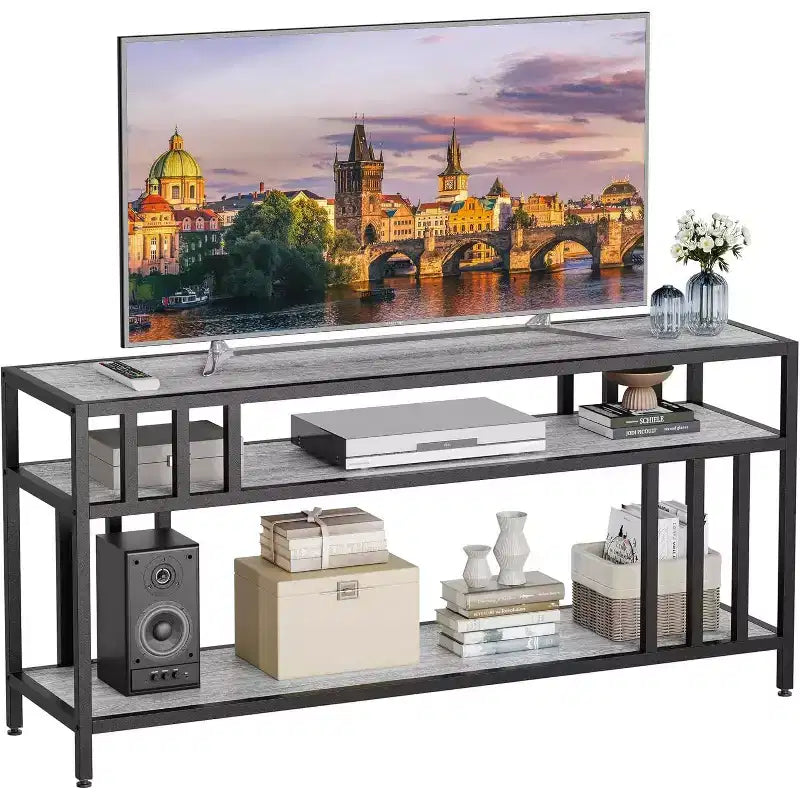 Meuble TV 65" pour téléviseurs jusqu'à 75", meuble de divertissement gris avec étagères de rangement ouvertes et support quadruple-tube