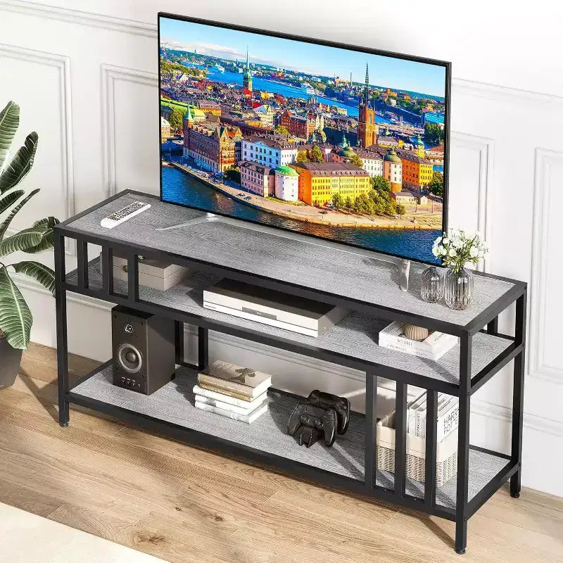 65 TV Stand for Up to 75 TVs, Grey Entertainment Center with Open Storage Shelves and Quadruple-Tube Support