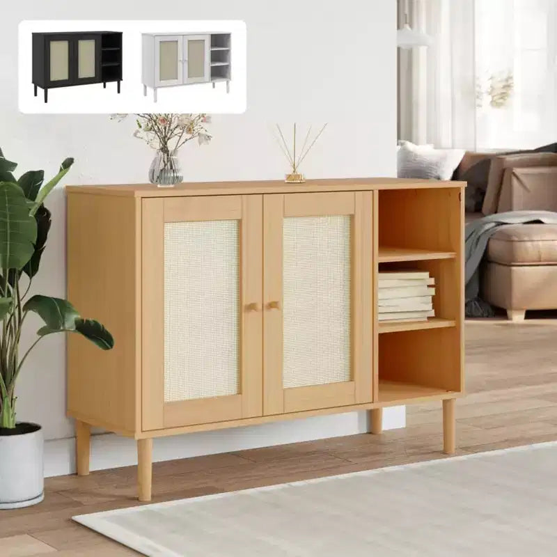 Bahut Commode Meuble de Rangement Effet Rotin Bois Massif Pin, avec 3 Compartiments Ouverts