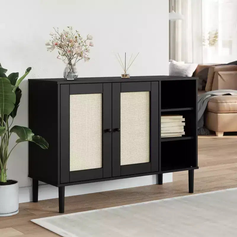 vidaXL SENJA Sideboard Buffet Storage Cabinet Rattan Look Solid Wood Pine, with 3 Open Compartments