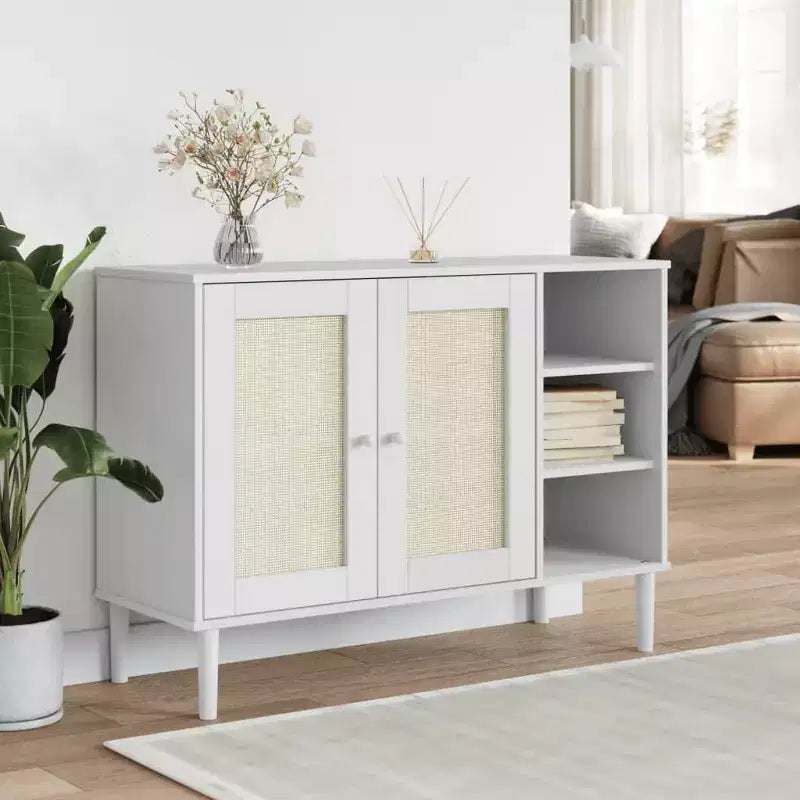 Bahut Commode Meuble de Rangement Effet Rotin Bois Massif Pin, avec 3 Compartiments Ouverts