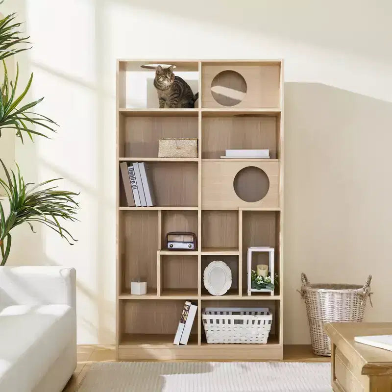 63.5 Tall Bookcase with Storage, Furniture Style Cat Tree Tower, Freestanding Display Cat Tree, Multifunctional Open Bookshelf for Home Living Room
