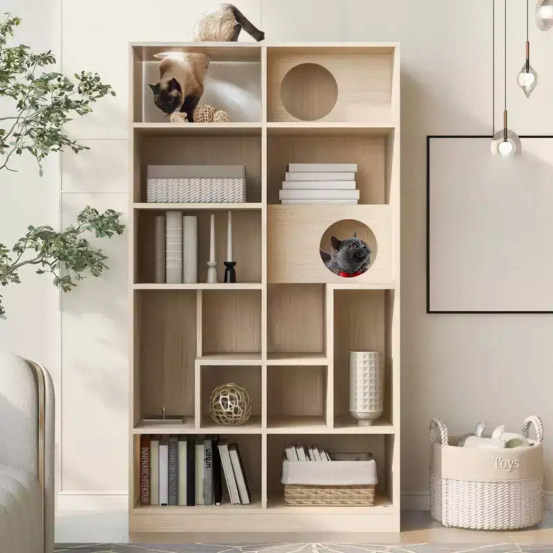 Bibliothèque de 161,3 cm de haut avec rangement, arbre à chat de style meuble, arbre à chat autoportant, étagère ouverte multifonctionnelle pour salon à la maison