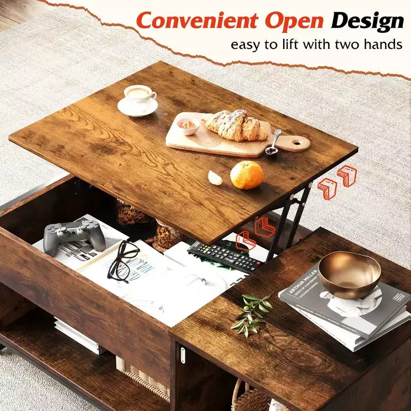 Table basse, Table basse relevable 41.7 avec armoire de rangement et compartiment caché, Table centrale en bois pour salon