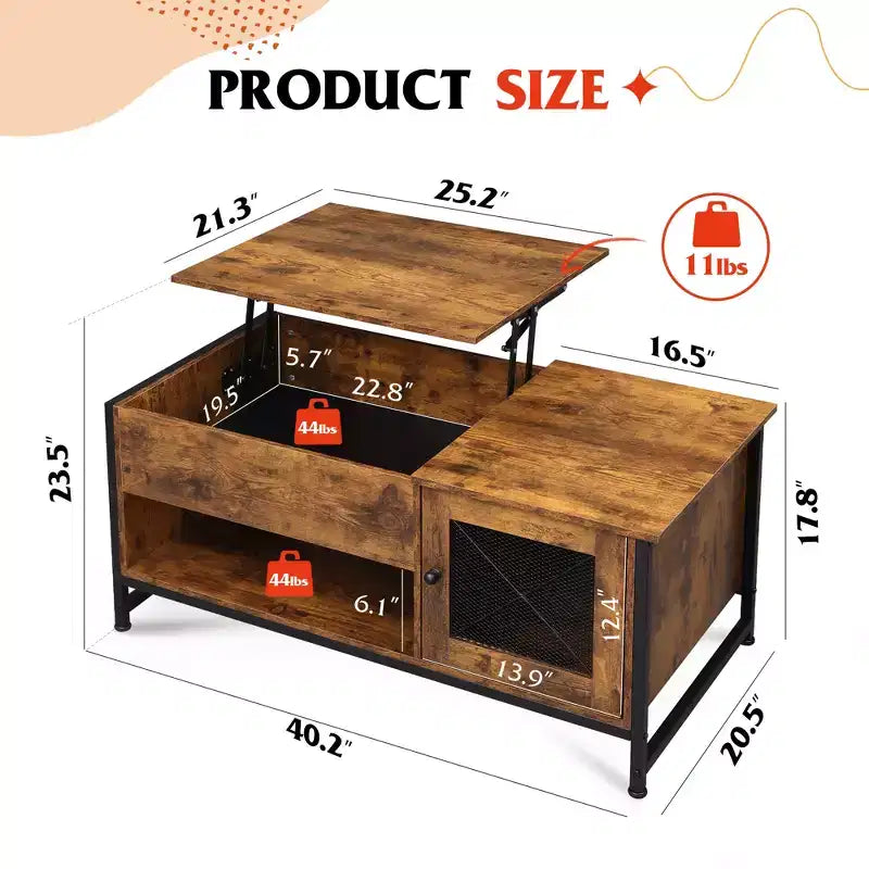 Table basse, Table basse relevable 41.7 avec armoire de rangement et compartiment caché, Table centrale en bois pour salon