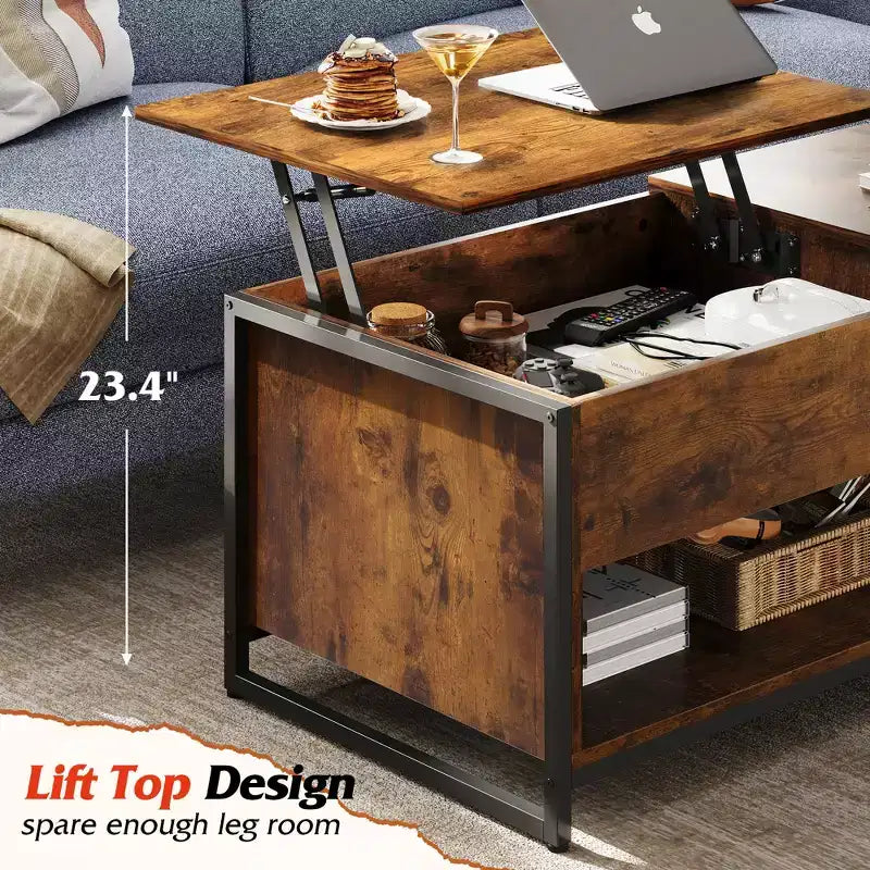 Table basse, Table basse relevable 41.7 avec armoire de rangement et compartiment caché, Table centrale en bois pour salon