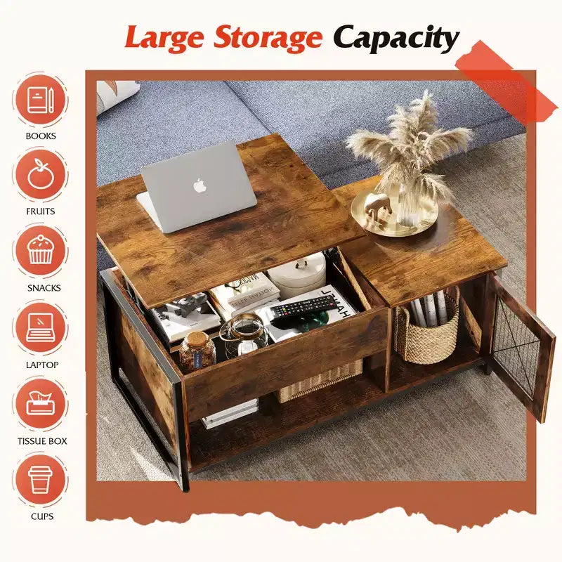 Table basse, Table basse relevable 41.7 avec armoire de rangement et compartiment caché, Table centrale en bois pour salon