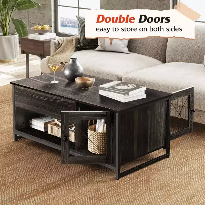 Table basse, Table basse relevable 41.7 avec armoire de rangement et compartiment caché, Table centrale en bois pour salon