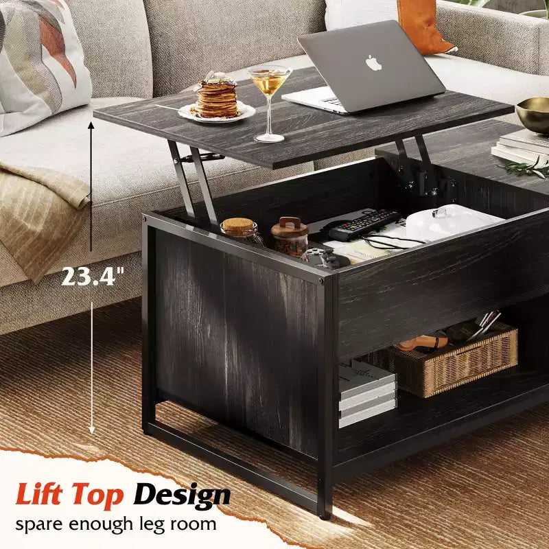 Table basse, Table basse relevable 41.7 avec armoire de rangement et compartiment caché, Table centrale en bois pour salon