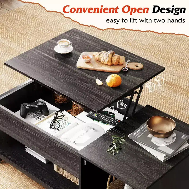 Table basse, Table basse relevable 41.7 avec armoire de rangement et compartiment caché, Table centrale en bois pour salon