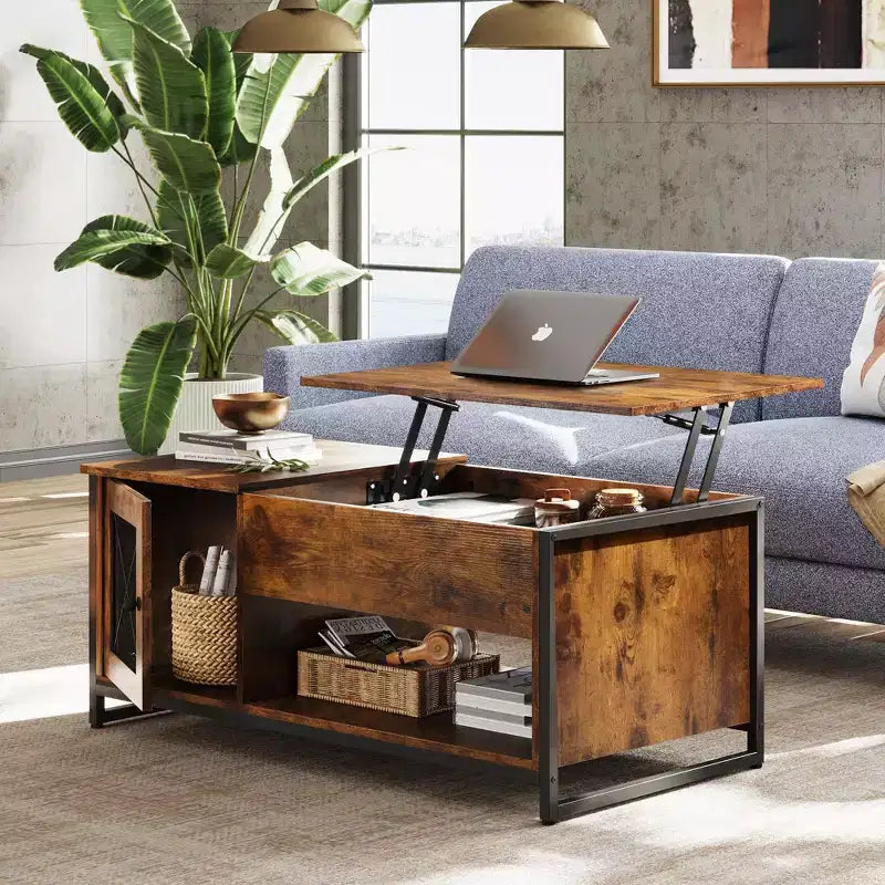 Table basse, Table basse relevable 41.7 avec armoire de rangement et compartiment caché, Table centrale en bois pour salon