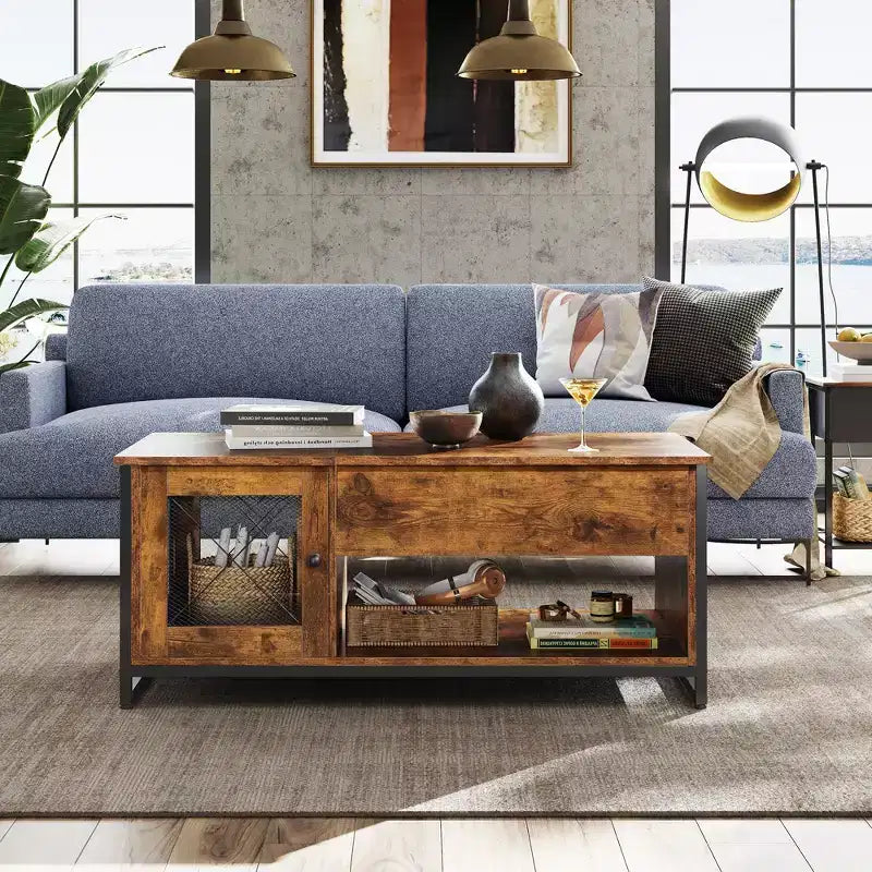 Table basse, Table basse relevable 41.7 avec armoire de rangement et compartiment caché, Table centrale en bois pour salon
