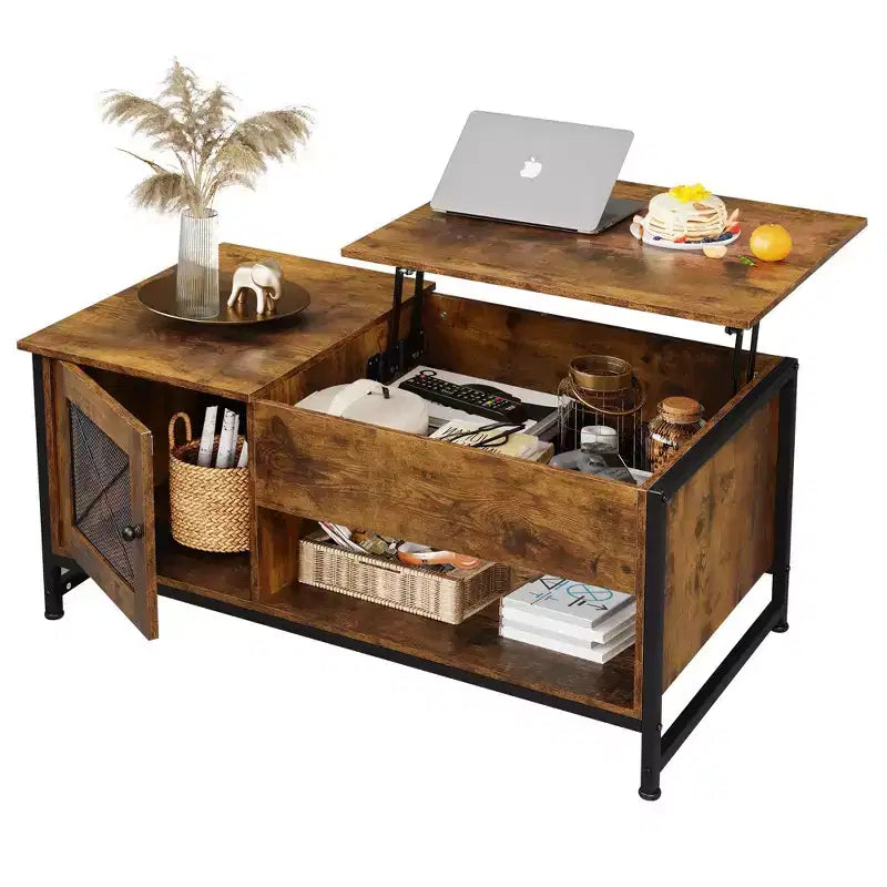 Table basse, Table basse relevable 41.7 avec armoire de rangement et compartiment caché, Table centrale en bois pour salon