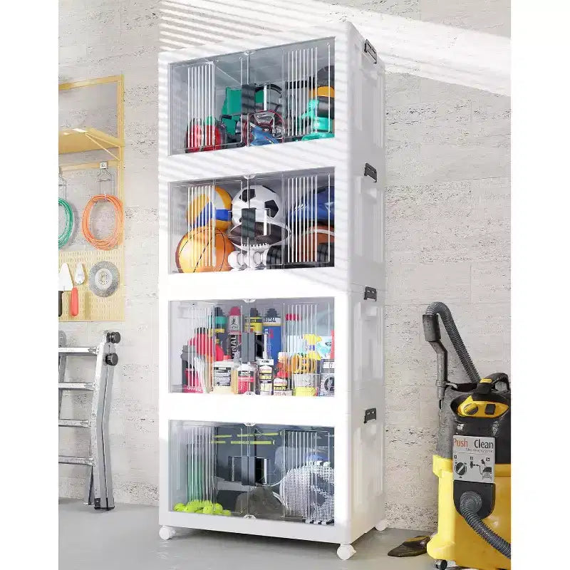97QT Stackable Storage Bins with Lids, Folding Plastic Storage Boxes with Doors & Wheels, Collapsible Containers for Closets, 4-Pack (Warm Gray)