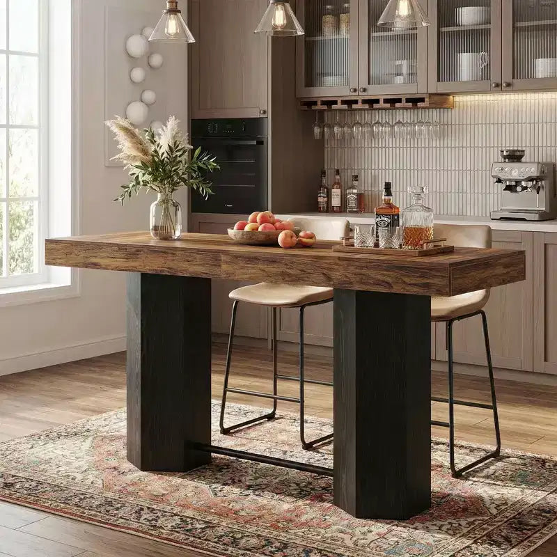 MAYEERTY 71 Industrial Bar Height Table, Walnut Woodgrain MDF Top 4-6 Person Home Bar Table with Hexagonal Base, 300lbs Capacity