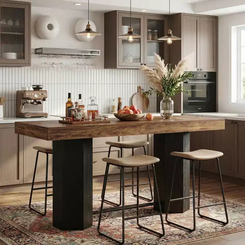 Table de bar industrielle de 180 cm de hauteur, plateau en MDF aspect noyer, table de bar pour 4 à 6 personnes avec base hexagonale, capacité de 136 kg