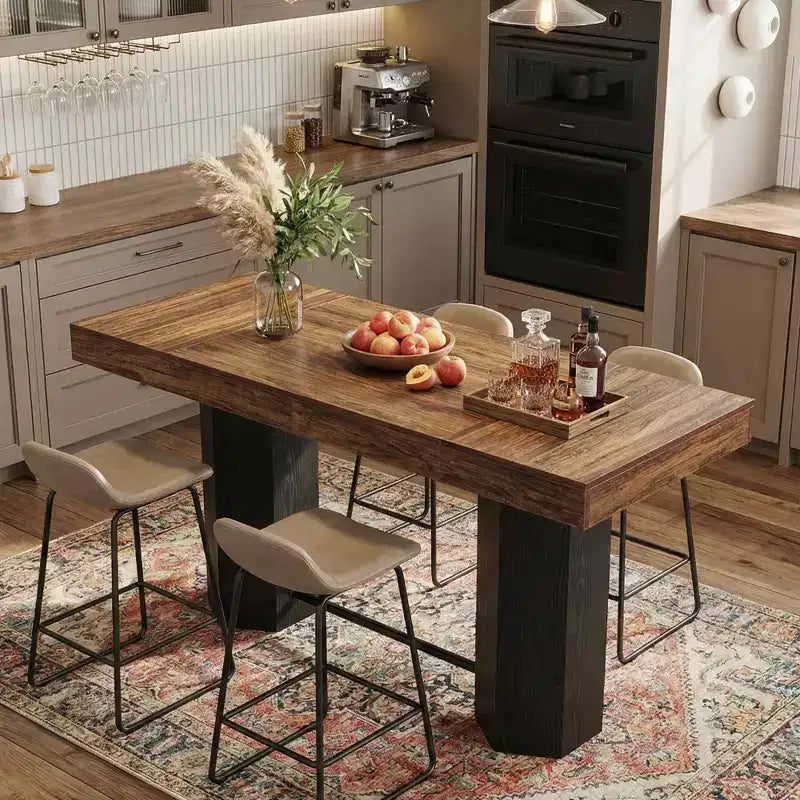 Table de bar industrielle de 180 cm de hauteur, plateau en MDF aspect noyer, table de bar pour 4 à 6 personnes avec base hexagonale, capacité de 136 kg