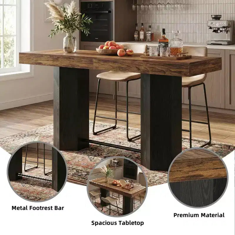 Table de bar industrielle de 180 cm de hauteur, plateau en MDF aspect noyer, table de bar pour 4 à 6 personnes avec base hexagonale, capacité de 136 kg