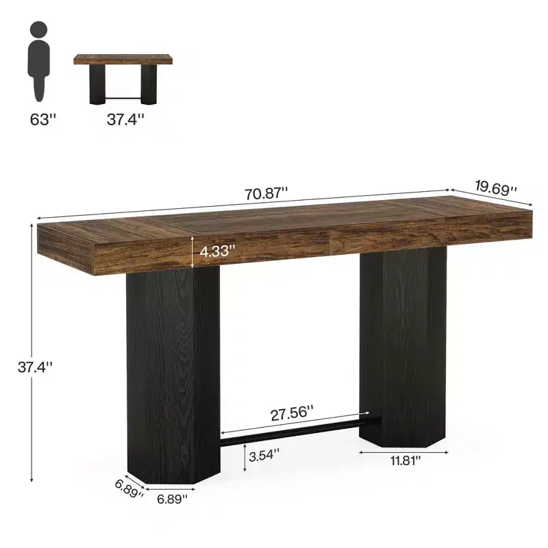 Table de bar industrielle de 180 cm de hauteur, plateau en MDF aspect noyer, table de bar pour 4 à 6 personnes avec base hexagonale, capacité de 136 kg