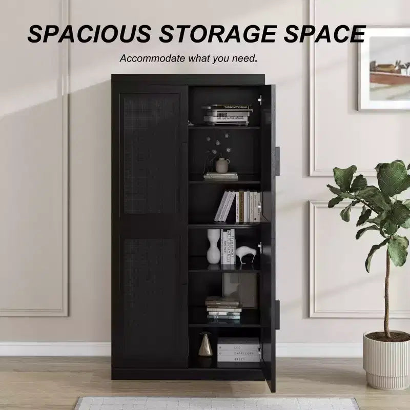 Meuble de rangement décoratif à 6 étages en grain de bois noir 62 avec porte en osier