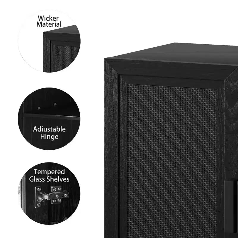 Meuble de rangement décoratif à 6 étages en grain de bois noir 62 avec porte en osier