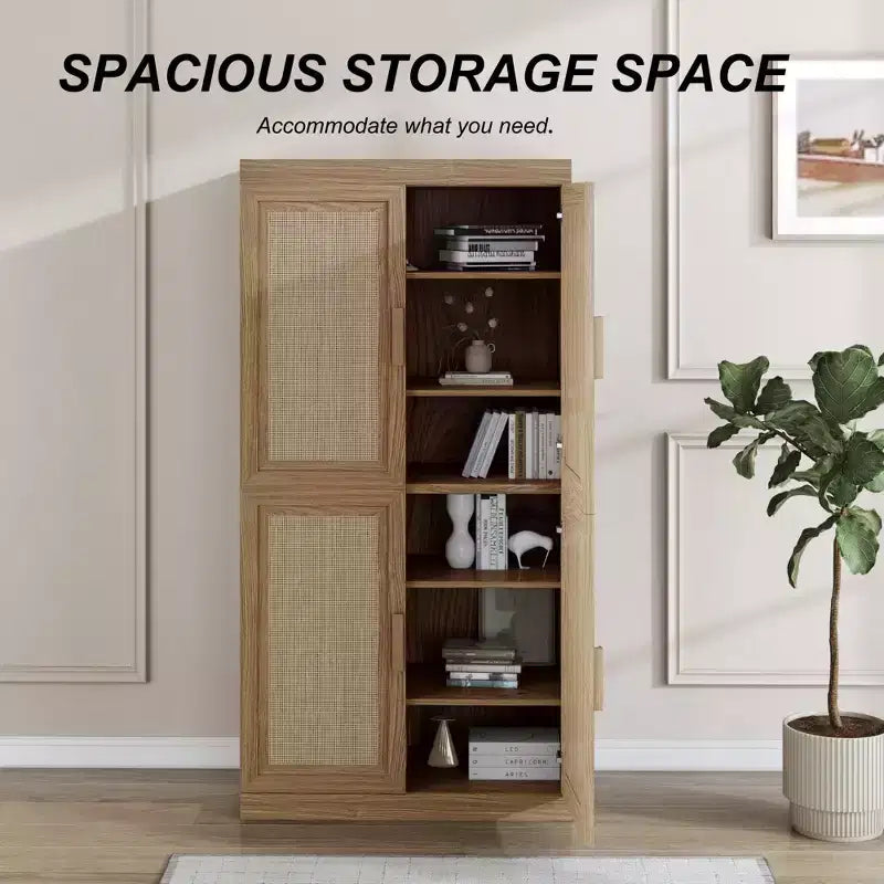 Meuble de rangement décoratif à 6 étages en grain de bois noir 62 avec porte en osier