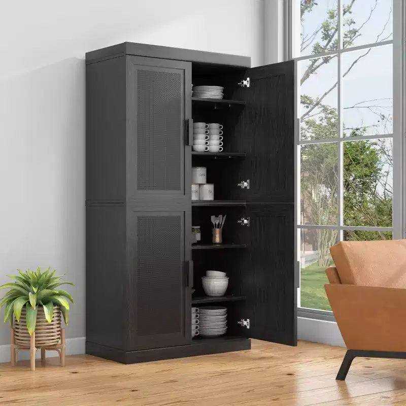 62 Black Wood Grain 6-Story Decorative Storage Cabinet with Wicker Door