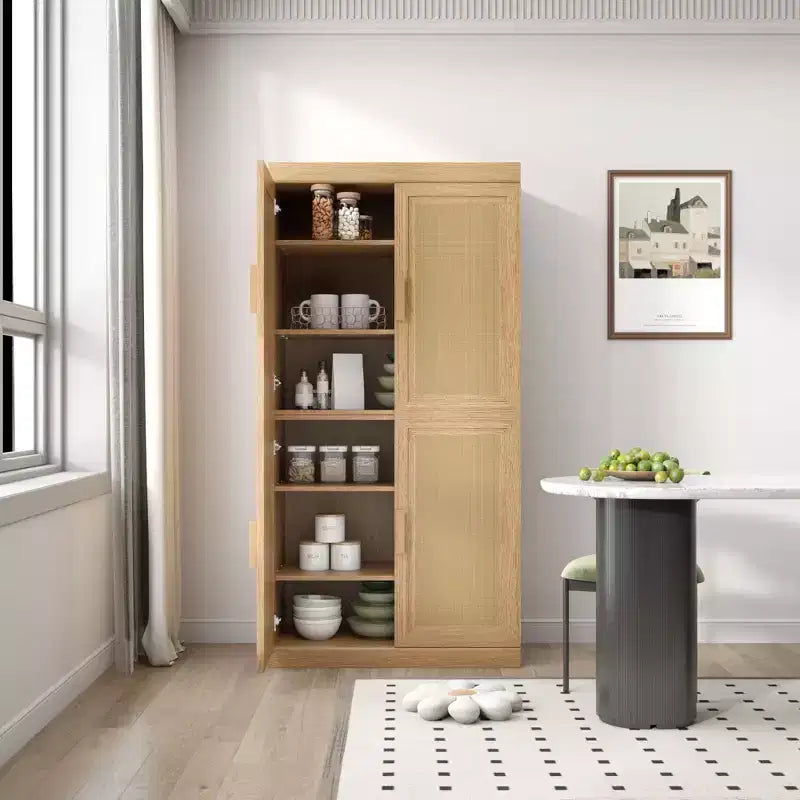 Meuble de rangement décoratif à 6 étages en grain de bois noir 62 avec porte en osier