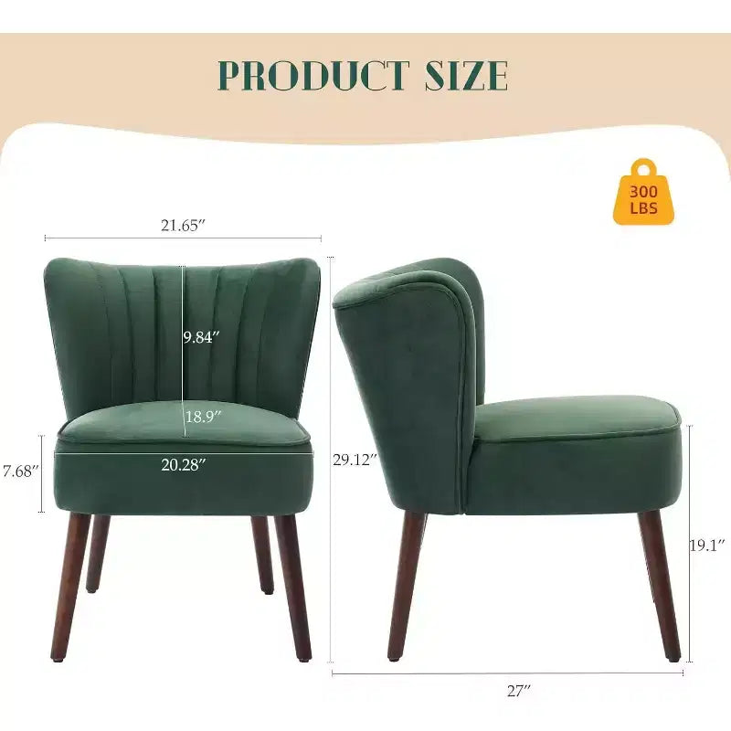 Fauteuil d'appoint moderne en velours sans accoudoirs, capacité de 136 kg avec pieds en bois pour salon, chambre et bureau (noir/vert/beige)