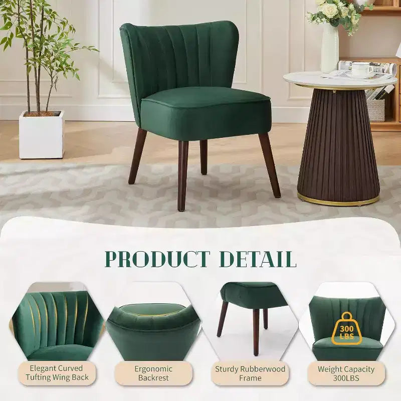 Fauteuil d'appoint moderne en velours sans accoudoirs, capacité de 136 kg avec pieds en bois pour salon, chambre et bureau (noir/vert/beige)