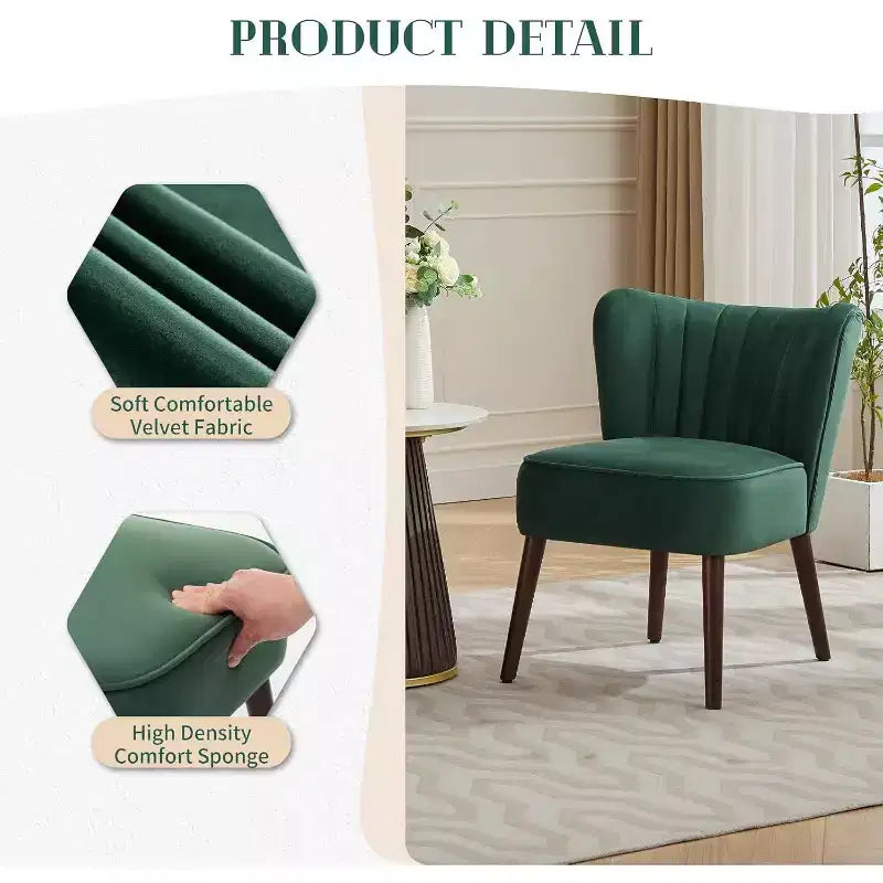 Fauteuil d'appoint moderne en velours sans accoudoirs, capacité de 136 kg avec pieds en bois pour salon, chambre et bureau (noir/vert/beige)