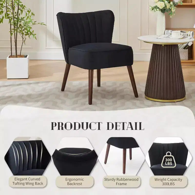 Fauteuil d'appoint moderne en velours sans accoudoirs, capacité de 136 kg avec pieds en bois pour salon, chambre et bureau (noir/vert/beige)