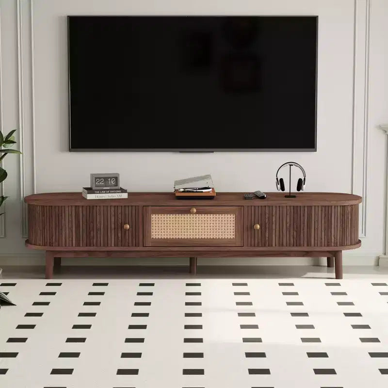 Modern 75 TV Stand with Rattan Drawer & Sliding Doors, Stylish Media Console Wood Entertainment Center with 2 Storage Cabinets, Dark Brown - HABITRIO