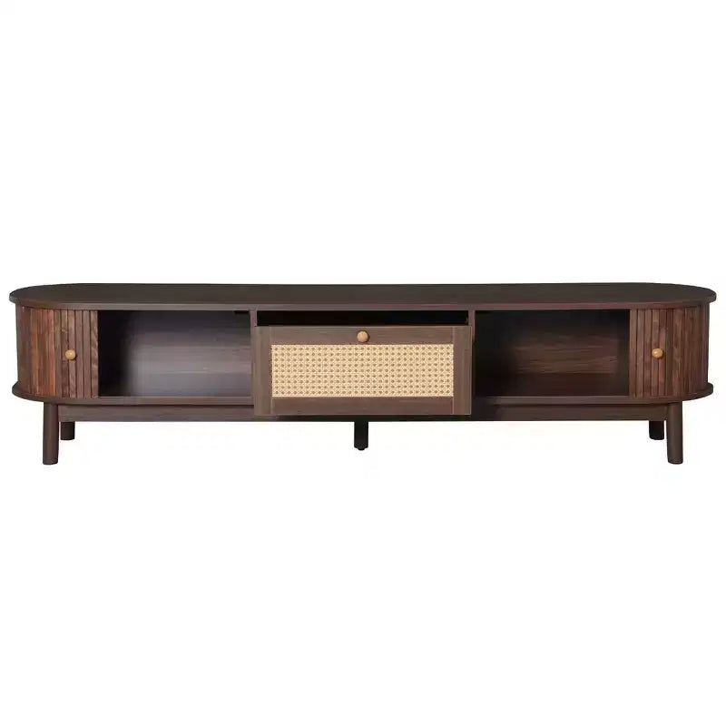 Meuble TV moderne de 75 po avec tiroir en rotin et portes coulissantes, console multimédia élégante en bois avec 2 armoires de rangement, brun foncé