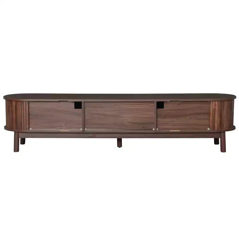 Meuble TV moderne de 75 po avec tiroir en rotin et portes coulissantes, console multimédia élégante en bois avec 2 armoires de rangement, brun foncé