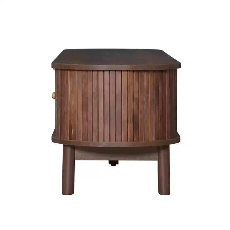 Meuble TV moderne de 75 po avec tiroir en rotin et portes coulissantes, console multimédia élégante en bois avec 2 armoires de rangement, brun foncé