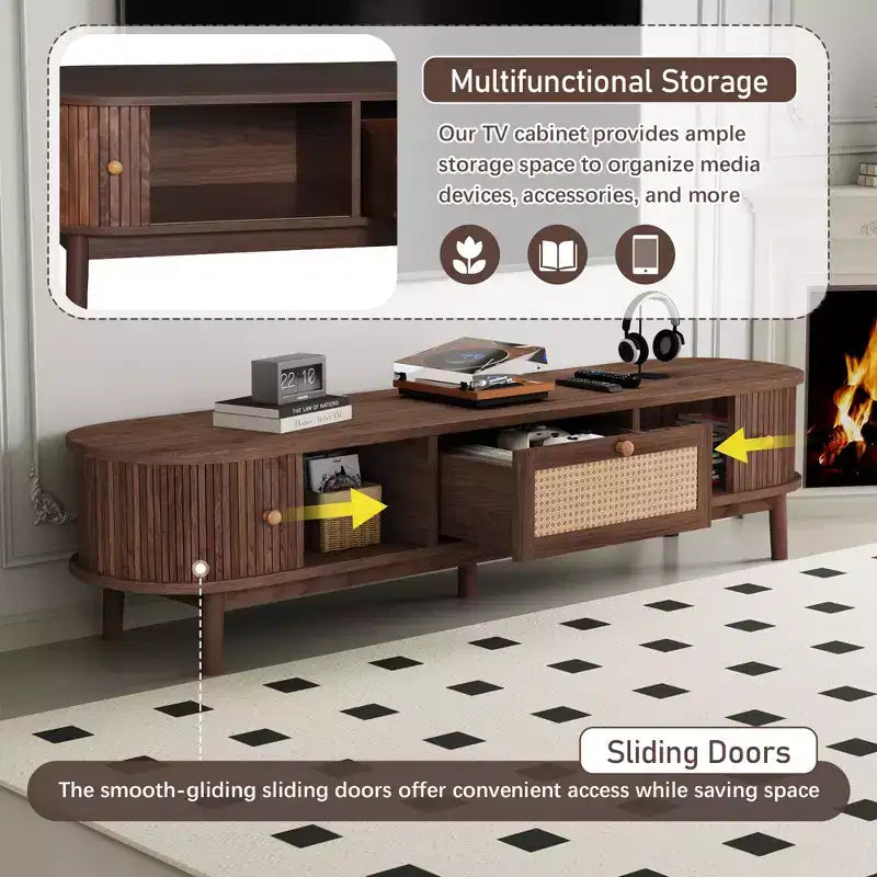 Meuble TV moderne de 75 po avec tiroir en rotin et portes coulissantes, console multimédia élégante en bois avec 2 armoires de rangement, brun foncé