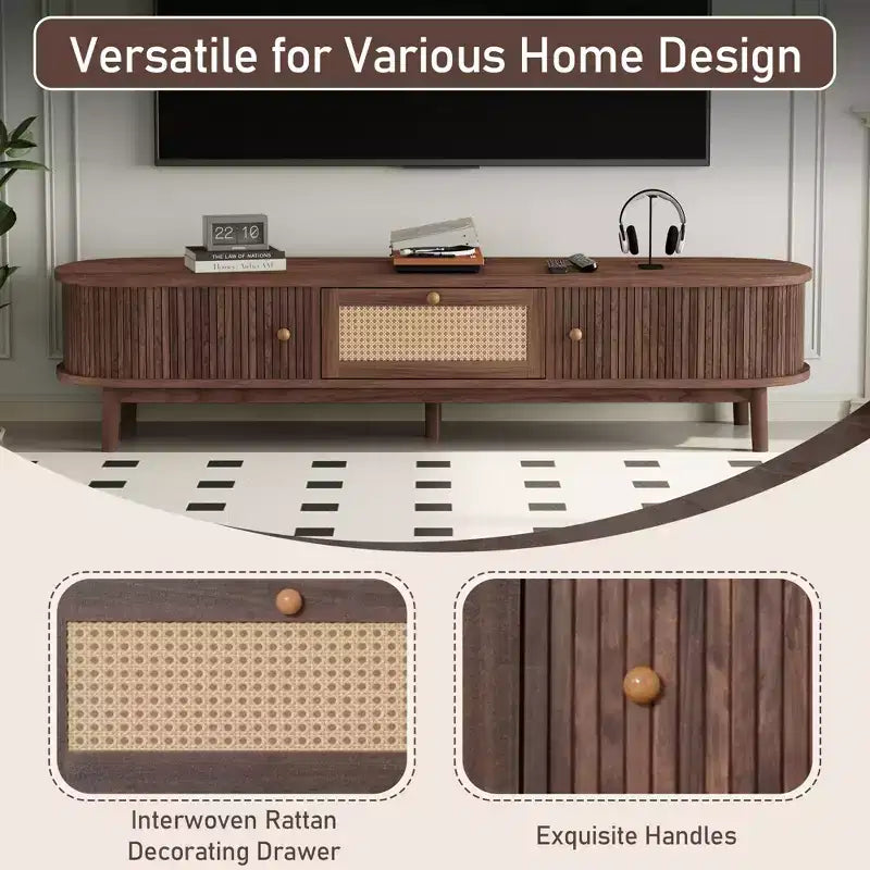 Meuble TV moderne de 75 po avec tiroir en rotin et portes coulissantes, console multimédia élégante en bois avec 2 armoires de rangement, brun foncé