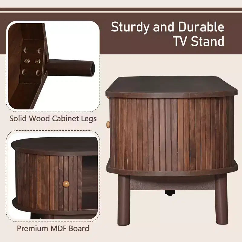 Meuble TV moderne de 75 po avec tiroir en rotin et portes coulissantes, console multimédia élégante en bois avec 2 armoires de rangement, brun foncé