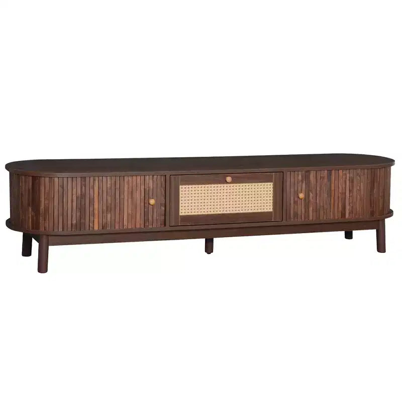 Meuble TV moderne de 75 po avec tiroir en rotin et portes coulissantes, console multimédia élégante en bois avec 2 armoires de rangement, brun foncé