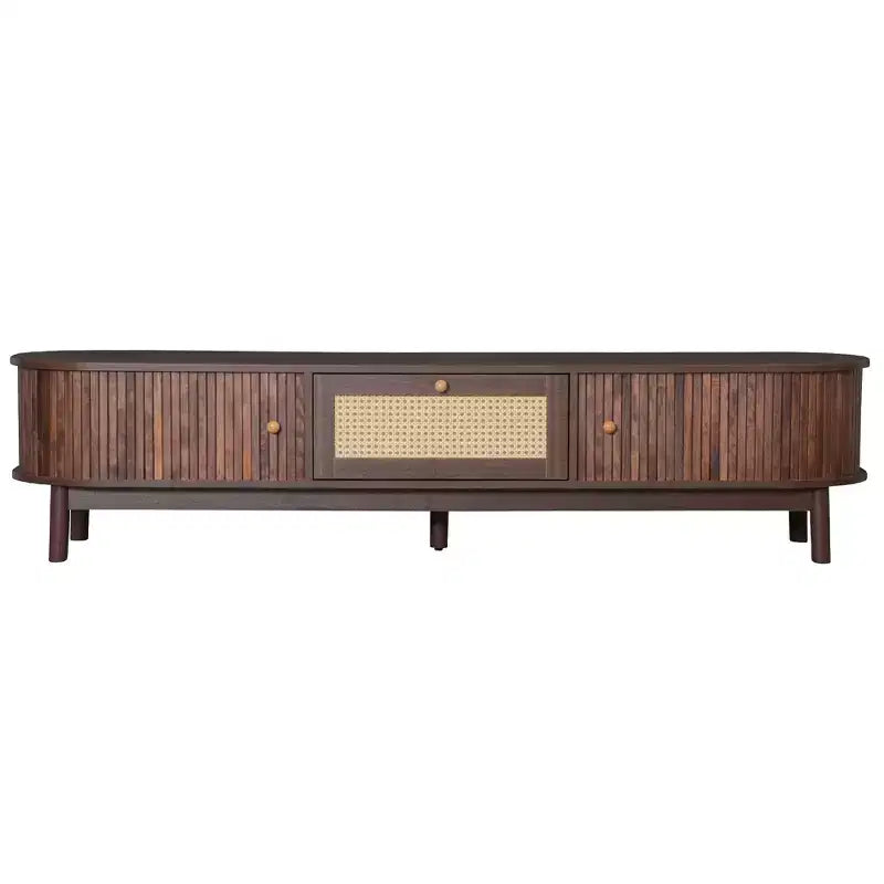 Meuble TV moderne de 75 po avec tiroir en rotin et portes coulissantes, console multimédia élégante en bois avec 2 armoires de rangement, brun foncé