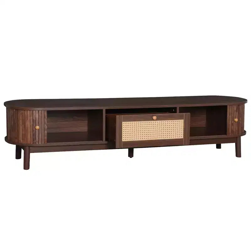 Meuble TV moderne de 75 po avec tiroir en rotin et portes coulissantes, console multimédia élégante en bois avec 2 armoires de rangement, brun foncé