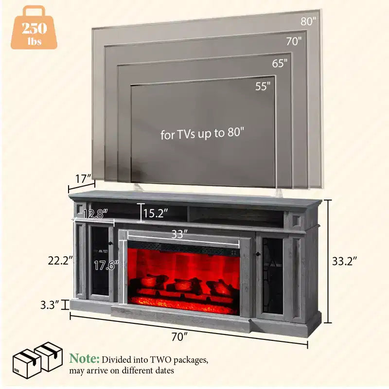 Meuble TV cheminée robuste de style campagnard avec foyer électrique de 33 po, pour téléviseurs jusqu'à 80 po