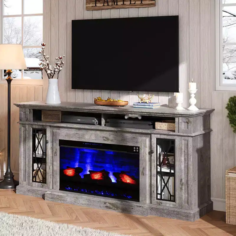 Meuble TV cheminée robuste de style campagnard avec foyer électrique de 33 po, pour téléviseurs jusqu'à 80 po
