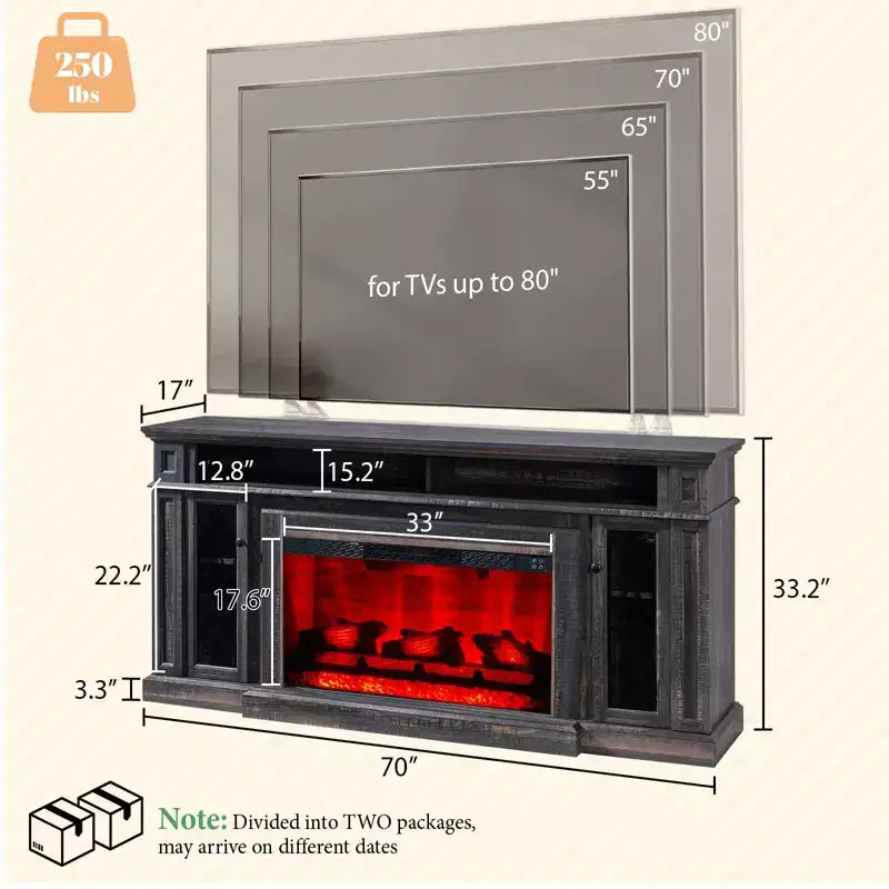 Meuble TV cheminée robuste de style campagnard avec foyer électrique de 33 po, pour téléviseurs jusqu'à 80 po